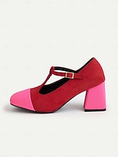 זול מארי ג'יין פאמפס-נעלי עקב מרי ג'יין בצבע אדום וורוד לנשים עם רצועת T - נעלי הליכה נוחות בסגנון צרפתי לתה של אחר הצהריים, מסיבות, משרד ותלבושות יומיומיות