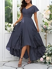 abordables Robes pour invitées de mariage-Ligne A Robes pour invités de mariage Élégant Robe robe demoiselle d honneur Fiançailles Asymétrique Manche Courte Col en V Chiffon avec Croisé Froncé 2025
