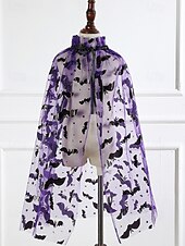 economico Accessori di Halloween-Mantello ragnatela di Halloween da donna: scialle in rete nera trasparente con colletto arricciato, mantello leggero in poliestere per feste in maschera, cosplay e travestimento da strega
