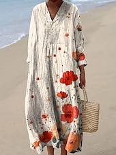 billiga Blommiga klänningar-Dam Maxiklänning Solklänning A linjeklänning Semester Ledigt Boho Utekväll Strand Blommig Grafisk Långärmad V-hals Vit Rodnande Rosa Orange Naturvit Sommar Vår Höst