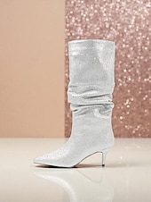 abordables Fête de la Vie Nocturne-Bottes mi-mollet souples à strass bleus pour femmes - Bottes de soirée à bout pointu et talon chaton pour la vie nocturne et les tenues de soirée