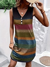 ieftine Rochie cu dungi și geometrică-Pentru femei Rochie Mini Rochie casual Rochie de vară Modă Modern Zilnic Plajă Sfârșit de săptămână Fit regulat Bloc Culoare Fără manșon În V Curcubeu Primăvară Toamnă
