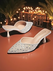 baratos cocktail-mules femininas de bico fino com strass prateados - sapatos elegantes de salto médio sem cadarço para coquetéis e eventos noturnos