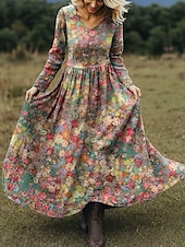economico Abiti Boho-Per donna Abito maxi Abito a trapezio Vacanza Casual Boho Spiaggia Vestibilità regolare Floreale Grafico Paisley Manica Lunga Scollo a V Rosa Rosso Blu Verde Primavera Autunno