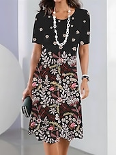 levne Šaty umění a designu-Elegantní dámské večerní midi šaty s krátkým rukávem a výstřihem do krku A-line šaty ležérní boho regular fit ombre grafika geometrická černá víno modrá nebeská modrá