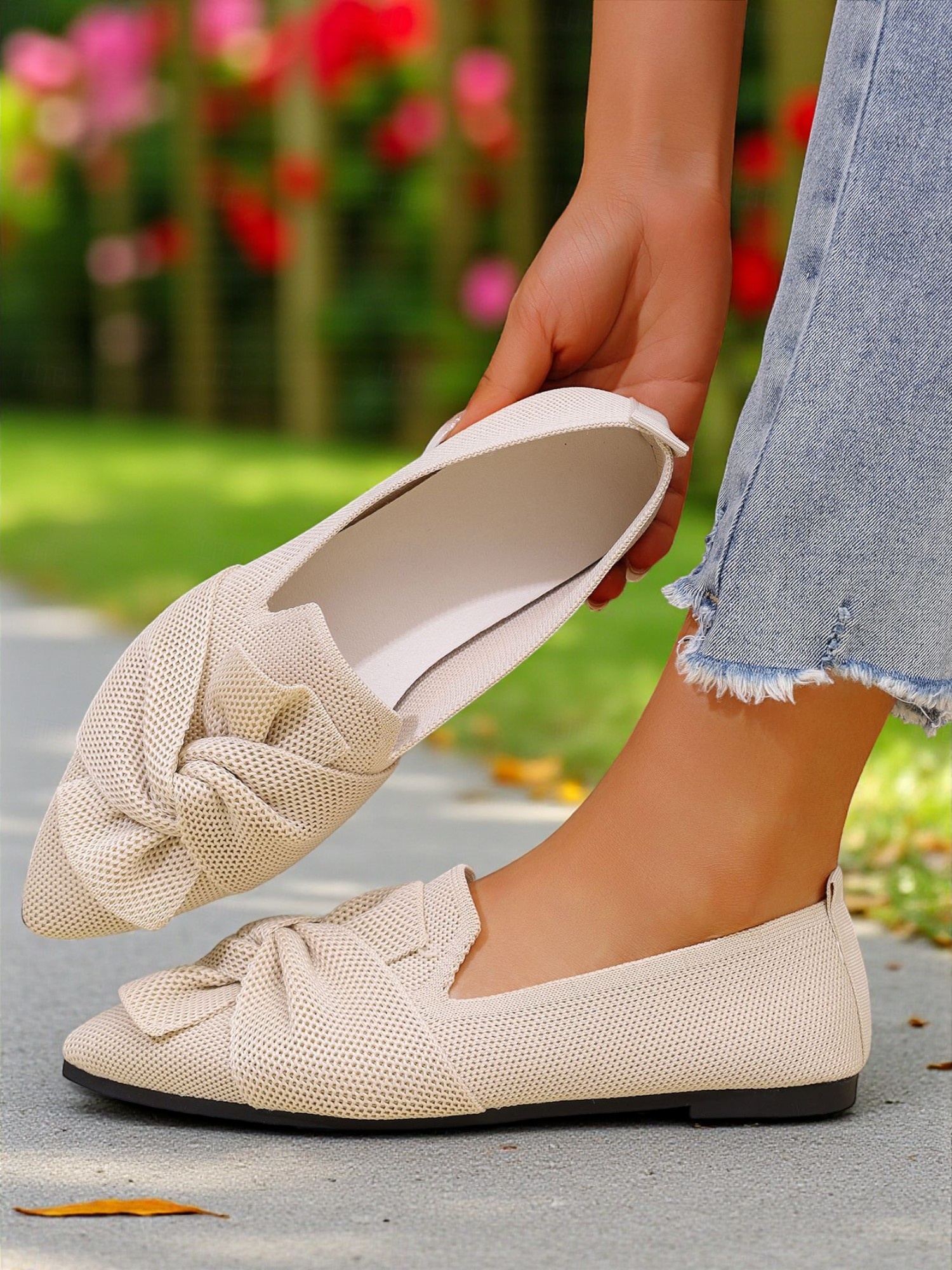 abordables Chaussures sans lacet et mocassins femme-Chaussures à enfiler Flyknit Bow pour femmes – Chaussures plates décontractées, légères et respirantes pour un usage quotidien, les pique-niques dans le jardin et les rassemblements en plein air
