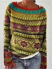preiswerte Grafische Muster und Details-Damen Pullover Lässig Weich Grafik Geometrisch Gerippt Rundhalsausschnitt Gestrickt Druck Langarm Normale Oberteile Stricken Outdoor Täglich Wochenende Gelb Blau Herbst Winter