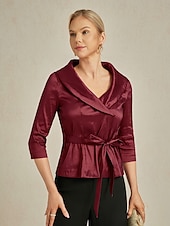 ieftine Topuri imbracate-Pentru femei Bluză Topuri de seară Elegant Metalic Stilat Lungime Manșon 3/4 În V Topuri obișnuite Invitat la nunta Serată Semi formal cravata fata Roșu Vin Primăvară, toamnă, iarnă, vară