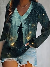 abordables Hauts d&amp;#39;Halloween-Halloween Femmes T-shirt Graphique Halloween Sorcière Élégant ancien Classique manche longue Col en V Hauts Réguliers Quotidien Sortir Week-end Imprimé Noir et gris Vert cendré Blanche Bleu Orange