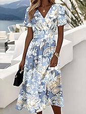 olcso BOHO-Női Midi ruha A vonalú ruha Slip ruha Elegáns Csehország Szabadság Tengerpart Normál Grafika Paisley Rövid ujjú V-alakú Fekete Rubin Medence Lóhere Nyár Tavasz