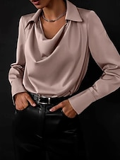 cheap Dressy Tops-Women&#039;s Shirt Solid Color Plain Elegant Vintage Tropical Long Sleeve Cowl Neck Shirt Collar Regular Tops Work Daily Semi Formal Ruched Black White Dusty Rose Blue Summer Spring