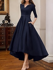 abordables Robes de cocktail-Robe de cocktail trapèze élégante, robe de soirée formelle, longueur thé, robe asymétrique, manches mi-longues, col en V, satin extensible avec poche à perles, 2025