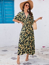 tanie Sukienki kwiatowe-Damskie Sukienka maxi Sukienka ołówkowa Sukienka A line Urlop Codzienny Boho Motylkowy Impreza Wyjściowe Plaża Luźny / a Owoc Rękaw 1/2 W serek Granatowy Lato Wiosna