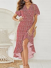 abordables Robes fleuries élégantes-Femmes Robe Midi Robe Décontractée Robe en Chiffon Robe d&#039;été Mode Extérieur Soirée Fête Coupe régulière À pois Manche Courte Col en V Blanche Jaune Rouge Vert Été Printemps