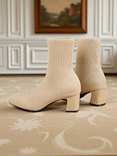 preiswerte Stiefeletten-Marineblaue Strick-Sockenstiefel für Damen – spitze Stretch-Stiefeletten mit Blockabsatz für elegante Alltags- und Herbstoutfits