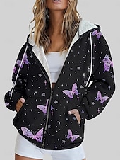 cheap Animals Tops-Women&#039;s Zipper Hoodie Graphic Butterfly Fashion Casual Long Sleeve Hooded Regular Tops Street Dailywear Pocket Print Purple Spring Fall