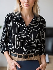 cheap Art&amp;Design Tops-Women&#039;s Blouse Dressy Tops Chiffon Tops Color Block Abstract Elegant Daily Stylish Long Sleeve Shirt Collar Regular Tops Work Daily Buttons Print Black And White Black White Beige Spring, Fall