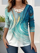 billige Stripe og geometrisk t-skjorte-Dame T skjorte Grafisk Geometrisk Gradert Årgang Stilfull Moderne Langermet V-hals Vanlige topper Daglig Sport Ut på byen Utskjæring Trykt mønster Grå og Hvit Svart Blå Grønn Vår Høst