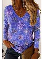 abordables T-shirt Boho-Femmes T-shirt Graphique Paisley ancien Élégant Classique manche longue Col en V Hauts Réguliers Quotidien Imprimé Rose Claire Rouge Bleu Violet Vert Printemps Automne