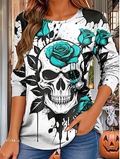 billige Kunst &amp; Design t-skjorte-Halloween Dame T skjorte Grafisk Hodeskaller Rose Årgang Stilfull Klassisk Langermet Crew-hals Vanlige topper Daglig Trykt mønster Rød Lilla Oransje Grønn Vår Høst