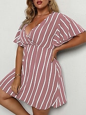 abordables Robes-Femmes Grande taille Robe Décontractée Rayé Col en V Manche Courte Été Printemps Mode Moderne Occasionnel Mini robe Quotidien Fête Robe
