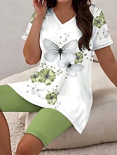 cheap Women’s Short Sets-Women&#039;s Fashion Daily T Shirt Shorts Sets Short Sleeve V Neck Ombre Floral Butterfly Print Daily Casual Daily Light Green Grape Ocean Blue Summer Regular Fit