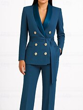 abordables Trajes de Mujer-Mujer Trajes de 2 piezas Formal Invitado a la boda Satén Elegante Minimalista Casual Manga Larga Hasta el Tobillo Solapa Redonda Botonadura Doble