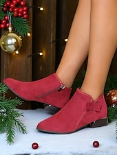 abordables Bottines-Bottines rouges en simili-suède pour femme – bottines à talon bas avec nœud latéral pour les tenues d&#039;hiver, les fêtes de Noël et les achats décontractés