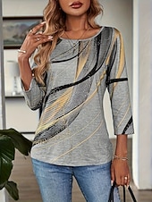 baratos Camiseta de Arte &amp; Design-Mulheres T-shirt Geométrica Abstrato Casual Boho Manga Longa Decote Redondo Tops regulares Para Noite Final de semana Roupas de férias Azul Dourado Cinzento Primavera / Outono / Inverno / Verão