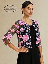 billiga Blazers och kostymer-Dam Kavaj Lättvikt Spets Broderad Elegant Blommig Formell Kort Rund halsringning Normal 3/4 ärm Ytterkläder Fuchsia Sommar Vår