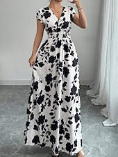 tanie Sukienki kwiatowe-Damskie Sukienka maxi Sukienka A line Urlop Codzienny Boho Na zewnątrz Wyjściowe Luźny / a Kwiaty Krótki rękaw W serek Czarny Czerwony Niebieski Pomarańczowy Lato