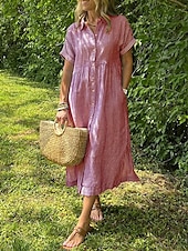 abordables Robe Rayée et Géométrique-Femmes Robe Longue Maxi Robe Robe Chemise Robe Décontractée Mode Extérieur Soirée Fête Coupe régulière Rayé Manche Courte Col de chemise Noir Blanche Jaune Rose Claire Été