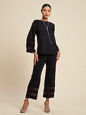 billiga Tvådelade set-Dam Vardaglig stil Chiffong Huvudstad Enfärgad / vanlig färg Dagliga kläder Datum Utekväll Illusion ärm Svart Vit Marinblå Crewneck Ren färg Ledig Långärmad Elegant Ledigt vardag Rund hals Vår