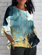 billige Kvinnenes Kunst &amp; Design Topper-Dame Skjorte Marmortrykk Daglig Fritid 3/4 ermer Crew-hals Vanlige topper Daglig Ferie Trykt mønster Navyblå Marineblå Blå Himmelblå Dusty Blue Sommer Vår Høst
