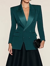 abordables Trajes de pantalón de mamá-Trajes de mujer de corbata negra, top para madre de la novia, elegante satén con solapa de pico, tejido elástico de crepé, manga larga con botones, color liso 2025