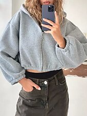 billige Teksturert hettegensere og sweatshirt-Dame Pullover hettegenser-genser Hettegensere med glidelås عادي Gatemote Fritid Langermet Med hette Vanlige topper Gate Ferie Glidelås Svart Lysegrå Grå Høst Vinter
