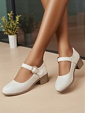 levne Block Heels-Dámské Podpatky Bílé boty Kancelář Práce Přezky Blokovat patu Oblá špička Pohodlné Chůze Kůže Spona Černá Béžová