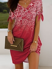 preiswerte Boho Kleider-Damen Minikleid Freizeitkleid T-Shirt-Kleid Sommerkleid Elegant Urlaub Vintage Kalter Schulter-Ärmel Normale Passform Ombre Grafik Geometrisch Kurzarm V Ausschnitt Rote Blau Purpur Grün Sommer