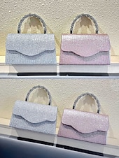 abordables Bolsos de mano y de noche-Bolso de mano para mujer con purpurina plateada y asa de diamantes de imitación: elegante bolso de noche para fiestas, bodas y cócteles.