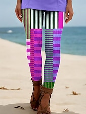 billiga -Dam Damasker Semester Vintage Etnisk Stil Fullängd Hög midja Grafisk Geometrisk Rutig 3D-utskrift Mateial som andas Mjuk Bekväm Hög Elasisitet Utomhus Hem Casual Violett Blå Regnbåge Sommar Vår Höst