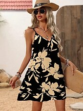 preiswerte Blumenkleid-Damen Minikleid Sommerkleid A Linie Kleid Unterkleid Urlaub Lässig Outdoor Party Täglich Normale Passform Blumen Grafik Abstrakt Ärmellos V Ausschnitt Schwarz Sommer Frühling
