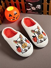 abordables Pour les femmes-Chaussons unisexes en polaire brodés pour chien d&#039;Halloween – chaussures d&#039;intérieur confortables avec motif citrouille pour femmes et hommes
