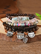 economico Bracciale da donna-Set di braccialetti con ciondoli a strati con perline boho da donna: bracciali in legno, turchese e pelle scamosciata in stile vintage con ciondoli a forma di foglia e geometrici, ideali per abbigliamento casual, festival e vacanze al mare