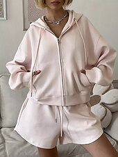 baratos Agasalhos Femininos-Mulheres Moda Roupa de rua Moletom Conjuntos de shorts Manga Longa Com Capuz Tecido Zíper Roupa Diária Encontro Branco Rosa Azul Verão Normal