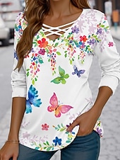 abordables T-shirt floral-Femmes T-shirt Fleuri Graphique Plantes ancien Élégant Moderne manche longue Col en V Hauts Réguliers Quotidien Découpé Imprimé Rouge Bleu Violet Printemps Automne