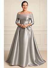 cheap Evening Dresses-Gold A-Line Evening Gown Elegant Dress Formal Wedding Guest Floor Length 3/4 Length Sleeve Off Shoulder Pocket Satin with Bow(s) 2025
