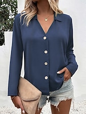 economico Top Semplici da Donna-Camicia da donna con bottoni blusa unicolore elegante casual a maniche lunghe scollata a V colletto regolare eleganti quotidiani stampa nera bianca blu fucsia estate primavera