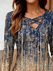 ieftine Tricou cu dungi și geometric-Pentru femei Tricou Ombre Grafic Dungi Epocă Stilat Clasic Manșon Lung În V Topuri obișnuite Zilnic Cravată cu ciucuri Imprimeu Kaki Primăvară Toamnă