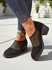 billige Block Heels-Svarte damesko med mesh-hæl – pustende pumps i vintage-stil for kontor, hagefester og smart, avslappet antrekk
