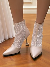 preiswerte Stiefeletten-Beige Damenstiefeletten mit Absatz aus Spitze und Kunstleder – elegante Brautstiefel mit spitzer Spitze und floraler Spitze für Hochzeiten, formelle Veranstaltungen und besondere Anlässe